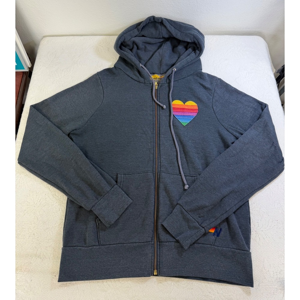 Aviator Nation Rainbow Heart Zip Up Hoodie Charcoal Gray Size M Made in USA